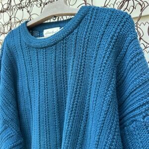 Vintage 90s Eddie Bauer Dark Teal Blue Rib Knit Crewneck Sweater Cotton LARGE